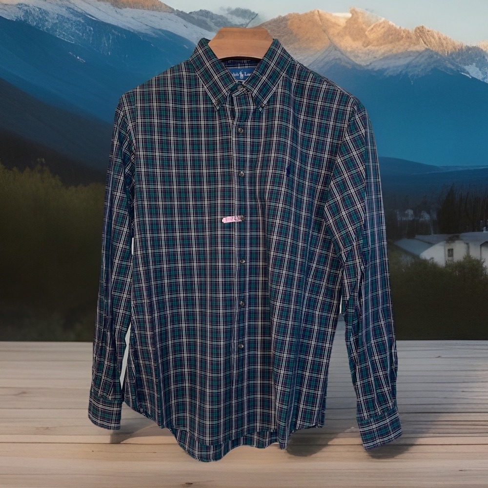 Ralph Lauren Custom Fit Shirt Men XL Green Plaid Button Down Long Sleeve Preppy
